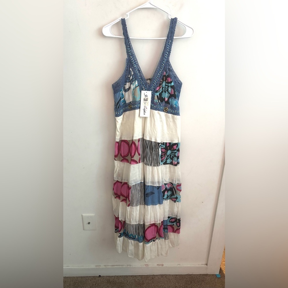 Patchwork Maxi dress Medium Sleeveless Floral tired boho festival fairy Y2K